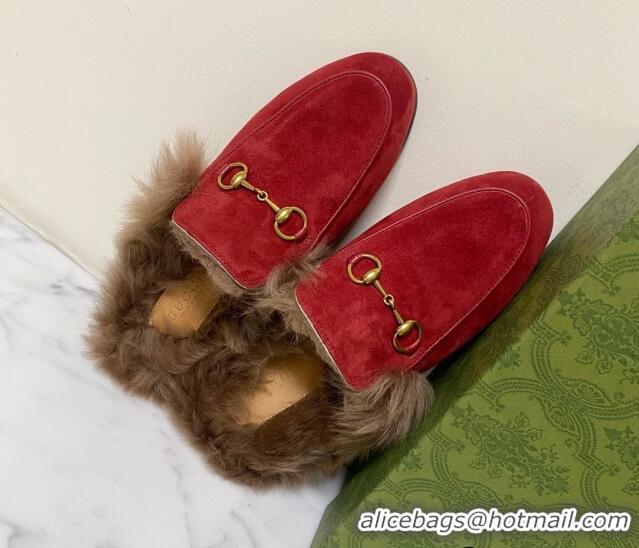 Top Grade Gucci Suede and Wool Flat Slippers Red 1119095