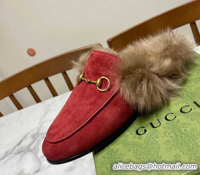 Top Grade Gucci Suede and Wool Flat Slippers Red 1119095