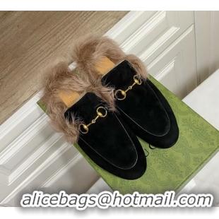 Popular Style Gucci Suede and Wool Flat Slippers Black 1119096