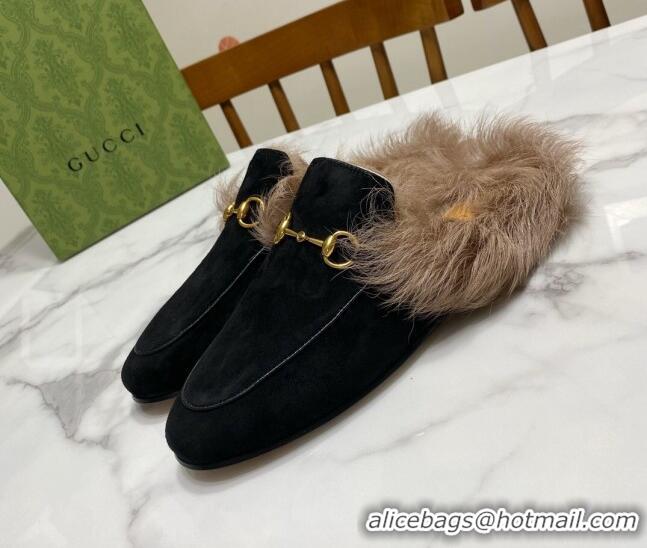 Popular Style Gucci Suede and Wool Flat Slippers Black 1119096