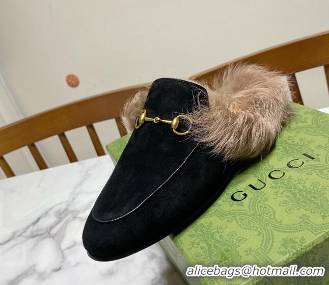 Popular Style Gucci Suede and Wool Flat Slippers Black 1119096