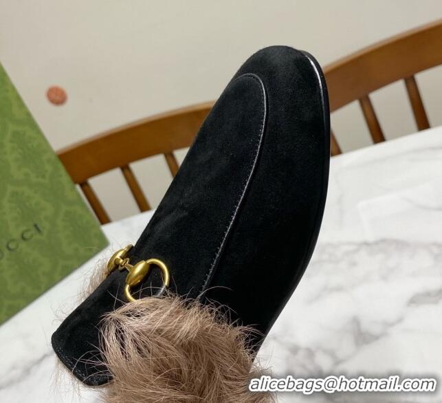 Popular Style Gucci Suede and Wool Flat Slippers Black 1119096