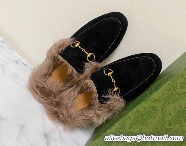 Popular Style Gucci Suede and Wool Flat Slippers Black 1119096