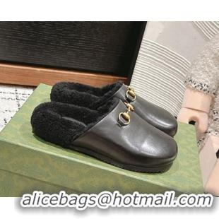 Buy Discount Gucci Black Leather and Wool Flat Mules 1119099