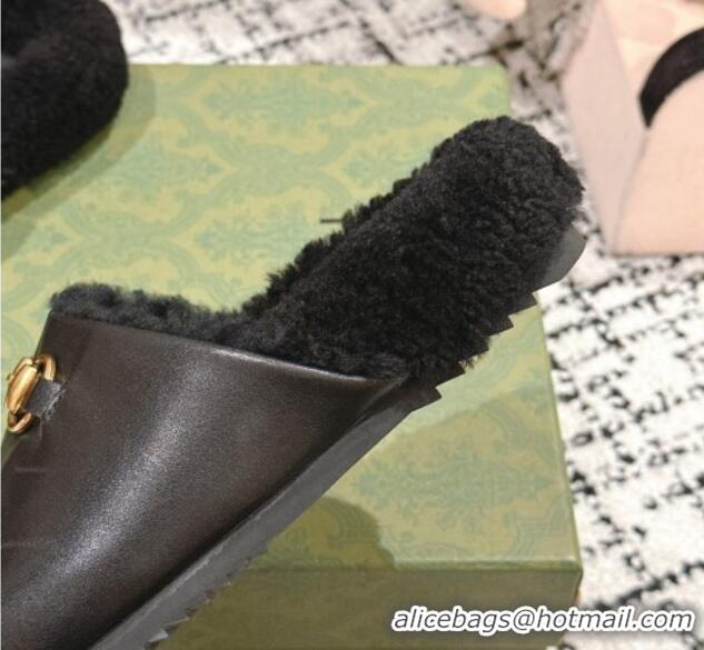 Buy Discount Gucci Black Leather and Wool Flat Mules 1119099