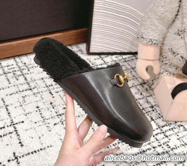 Buy Discount Gucci Black Leather and Wool Flat Mules 1119099