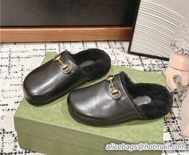 Buy Discount Gucci Black Leather and Wool Flat Mules 1119099