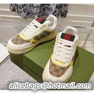 Hot Style Gucci Re-Web Sneakers in Leather and GG Canvas Beige/White/Yellow 1119105