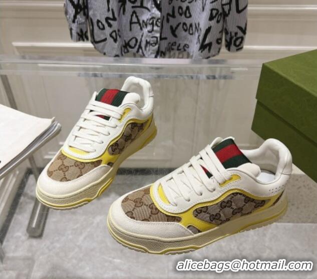 Hot Style Gucci Re-Web Sneakers in Leather and GG Canvas Beige/White/Yellow 1119105