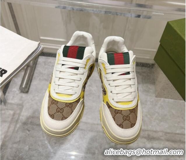 Hot Style Gucci Re-Web Sneakers in Leather and GG Canvas Beige/White/Yellow 1119105