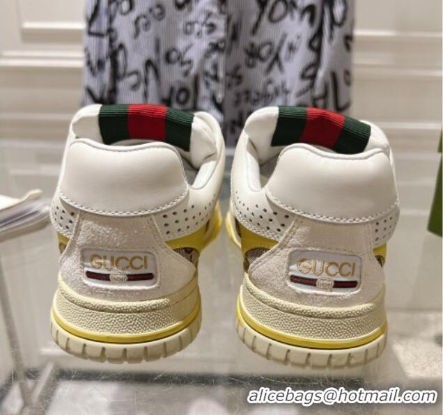 Hot Style Gucci Re-Web Sneakers in Leather and GG Canvas Beige/White/Yellow 1119105