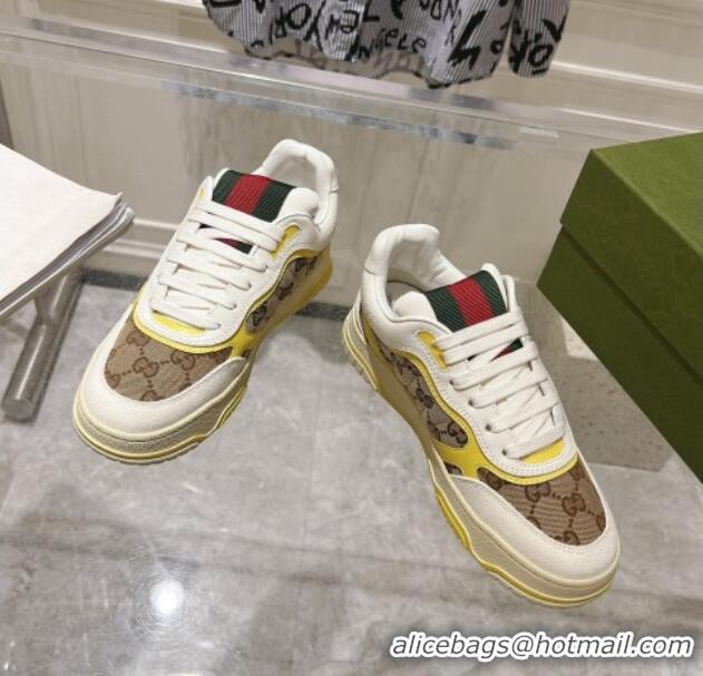 Hot Style Gucci Re-Web Sneakers in Leather and GG Canvas Beige/White/Yellow 1119105