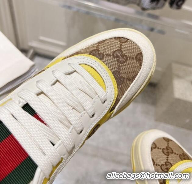 Hot Style Gucci Re-Web Sneakers in Leather and GG Canvas Beige/White/Yellow 1119105