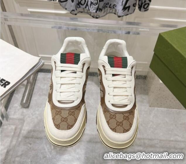 Sumptuous Gucci Re-Web Sneakers in Leather and GG Canvas Beige/White/Brown 1119107