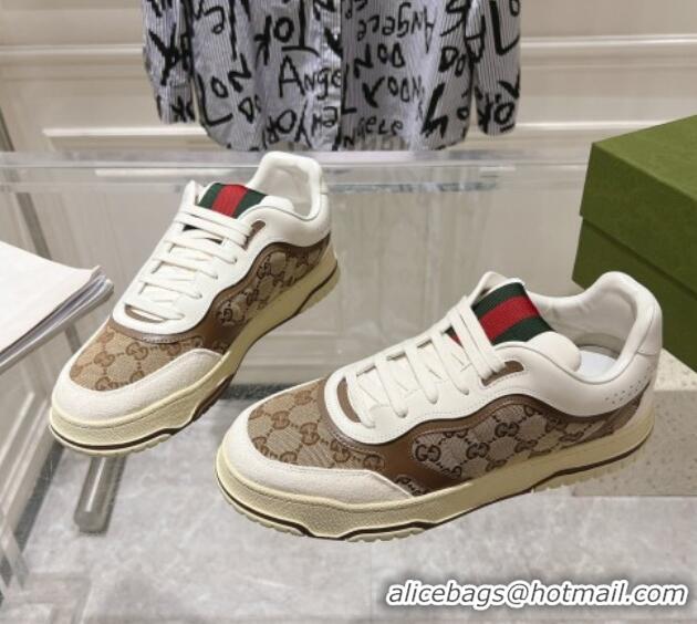 Sumptuous Gucci Re-Web Sneakers in Leather and GG Canvas Beige/White/Brown 1119107