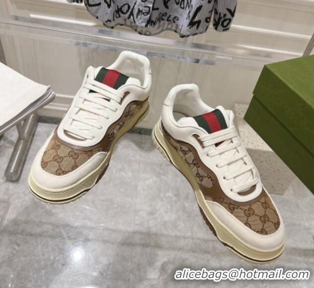 Sumptuous Gucci Re-Web Sneakers in Leather and GG Canvas Beige/White/Brown 1119107