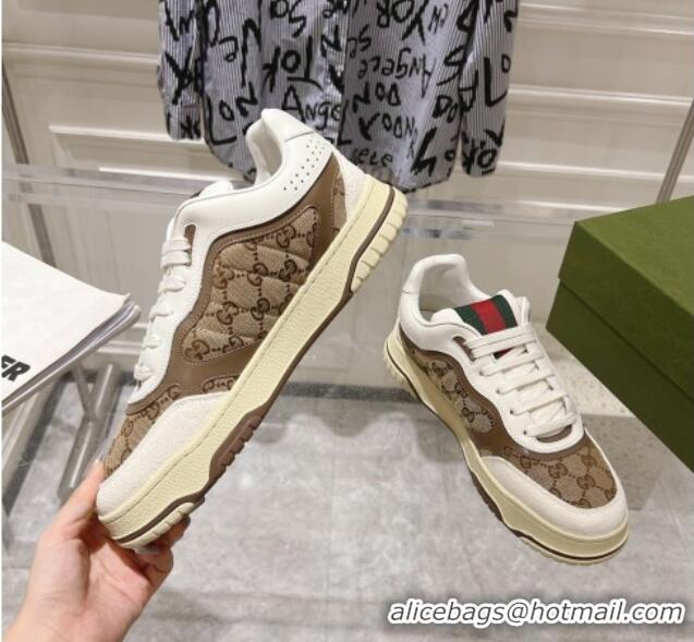 Sumptuous Gucci Re-Web Sneakers in Leather and GG Canvas Beige/White/Brown 1119107