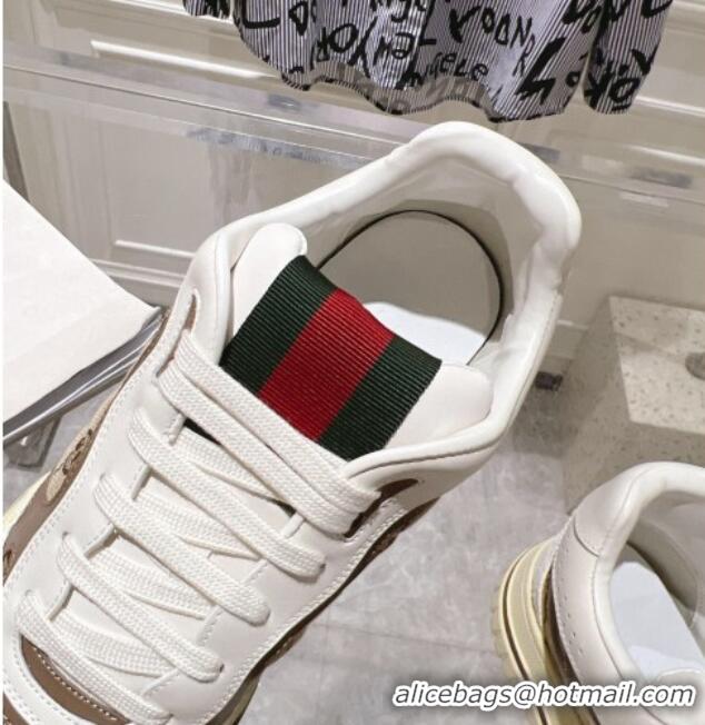 Sumptuous Gucci Re-Web Sneakers in Leather and GG Canvas Beige/White/Brown 1119107