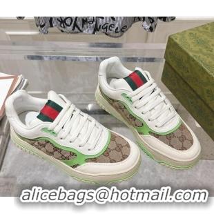 Stylish Gucci Re-Web Sneakers in Leather and GG Canvas Beige/White/Green 1119108