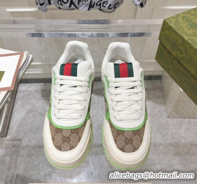 Stylish Gucci Re-Web Sneakers in Leather and GG Canvas Beige/White/Green 1119108