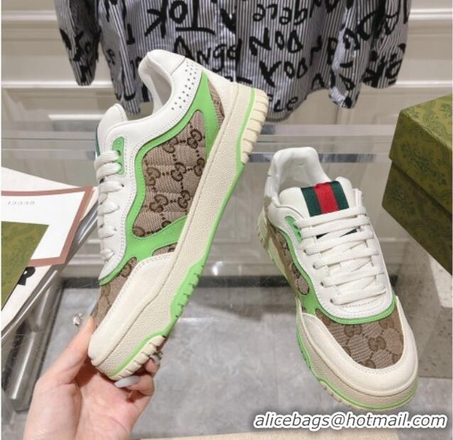 Stylish Gucci Re-Web Sneakers in Leather and GG Canvas Beige/White/Green 1119108