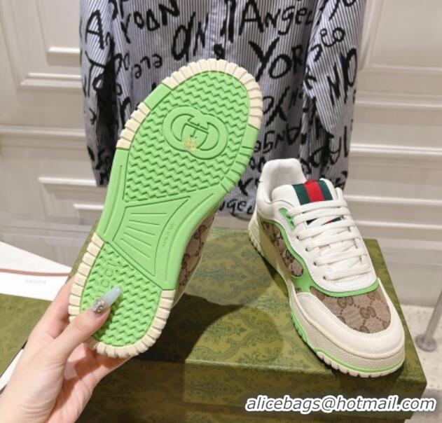 Stylish Gucci Re-Web Sneakers in Leather and GG Canvas Beige/White/Green 1119108