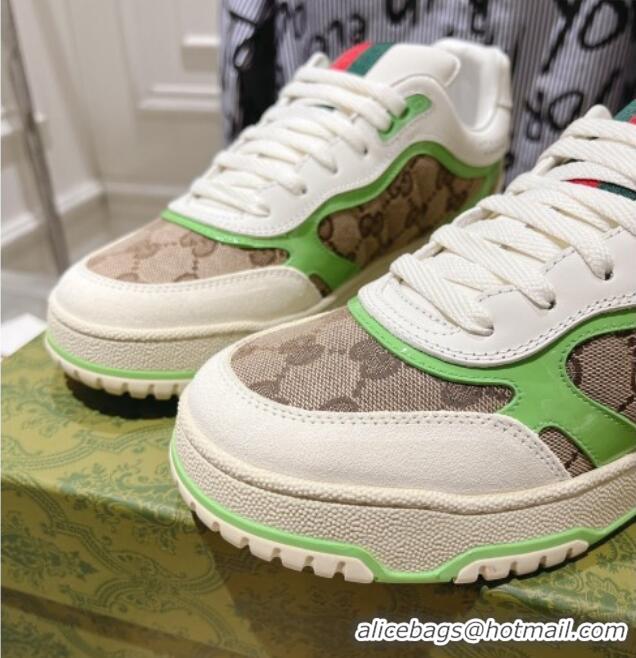 Stylish Gucci Re-Web Sneakers in Leather and GG Canvas Beige/White/Green 1119108