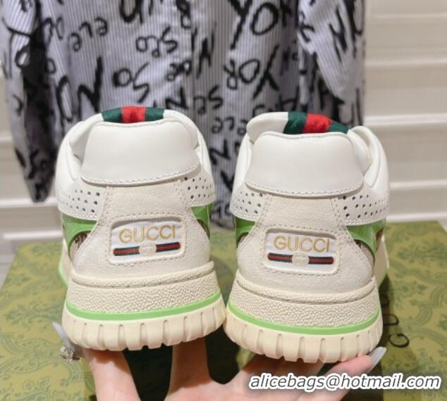 Stylish Gucci Re-Web Sneakers in Leather and GG Canvas Beige/White/Green 1119108