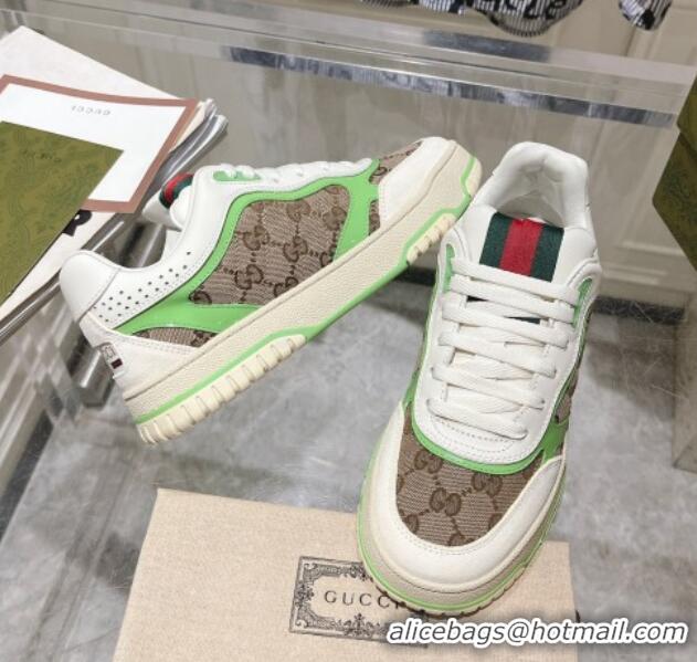 Stylish Gucci Re-Web Sneakers in Leather and GG Canvas Beige/White/Green 1119108