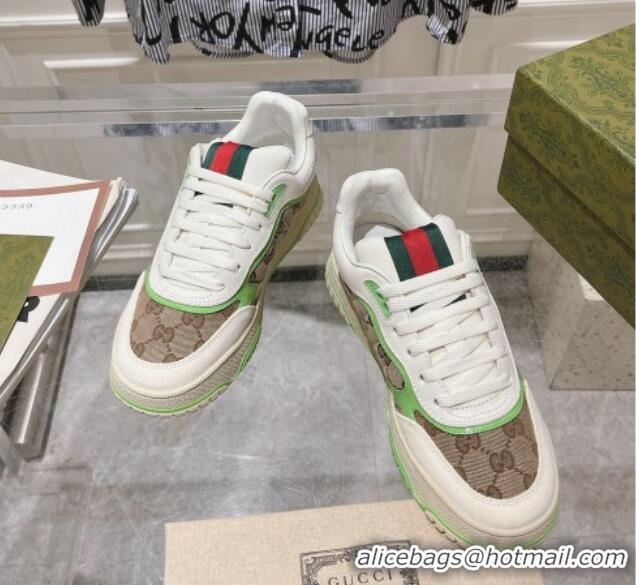 Stylish Gucci Re-Web Sneakers in Leather and GG Canvas Beige/White/Green 1119108