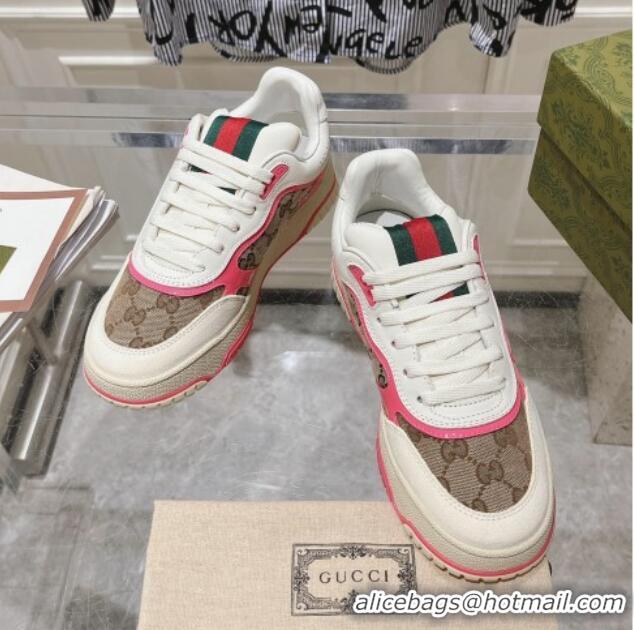 Charming Gucci Re-Web Sneakers in Leather and GG Canvas Beige/White/Pink 1119109