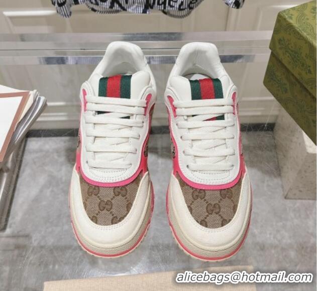 Charming Gucci Re-Web Sneakers in Leather and GG Canvas Beige/White/Pink 1119109