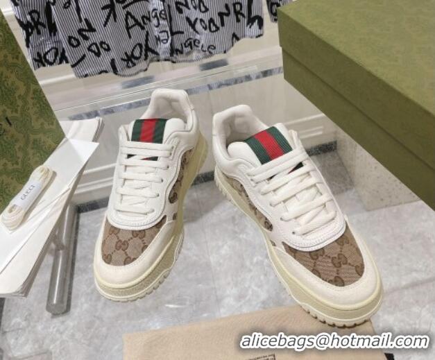 Hot Style Gucci Re-Web Sneakers in Leather and GG Supreme Canvas Beige/White 1119113