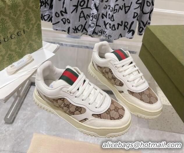 Hot Style Gucci Re-Web Sneakers in Leather and GG Supreme Canvas Beige/White 1119113