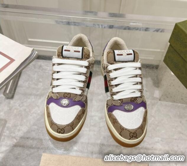 Sophisticated Gucci Screener Trainer Sneakers in GG Canvas with Web Beige/White/Purple 1119114