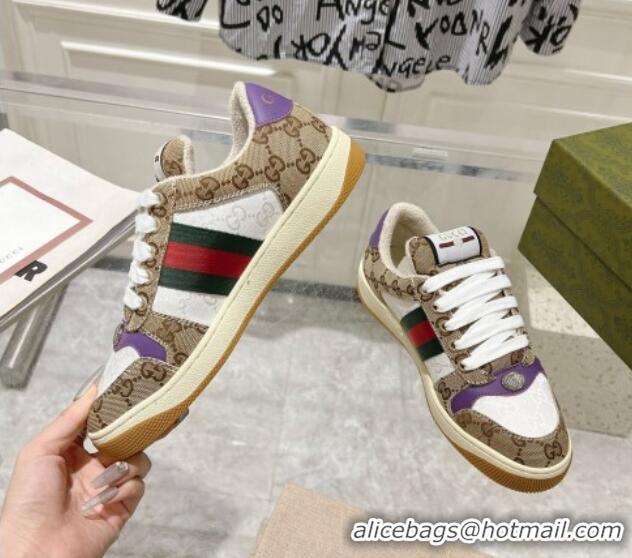 Sophisticated Gucci Screener Trainer Sneakers in GG Canvas with Web Beige/White/Purple 1119114