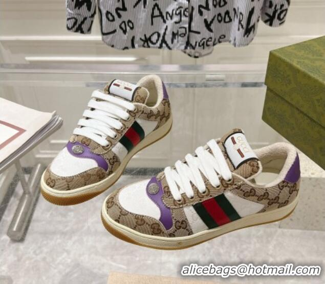 Sophisticated Gucci Screener Trainer Sneakers in GG Canvas with Web Beige/White/Purple 1119114