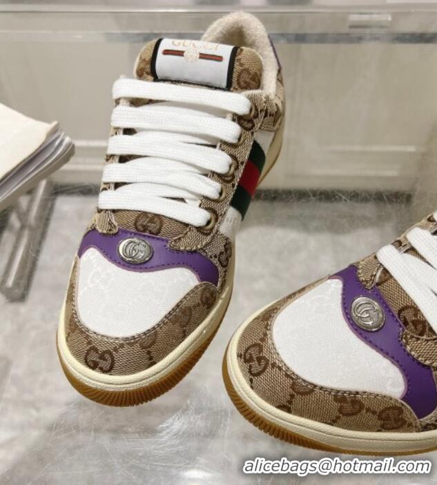 Sophisticated Gucci Screener Trainer Sneakers in GG Canvas with Web Beige/White/Purple 1119114