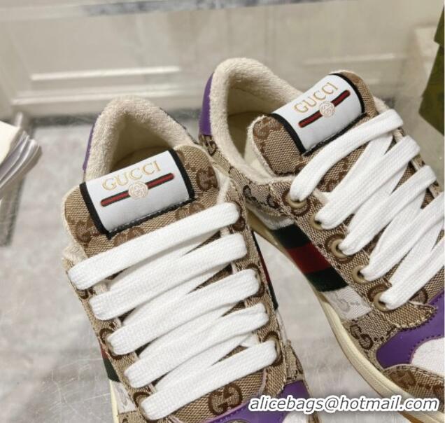 Sophisticated Gucci Screener Trainer Sneakers in GG Canvas with Web Beige/White/Purple 1119114