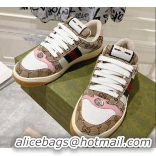 Good Quality Gucci Screener Trainer Sneakers in GG Canvas with Web Beige/White/Pink 1119116