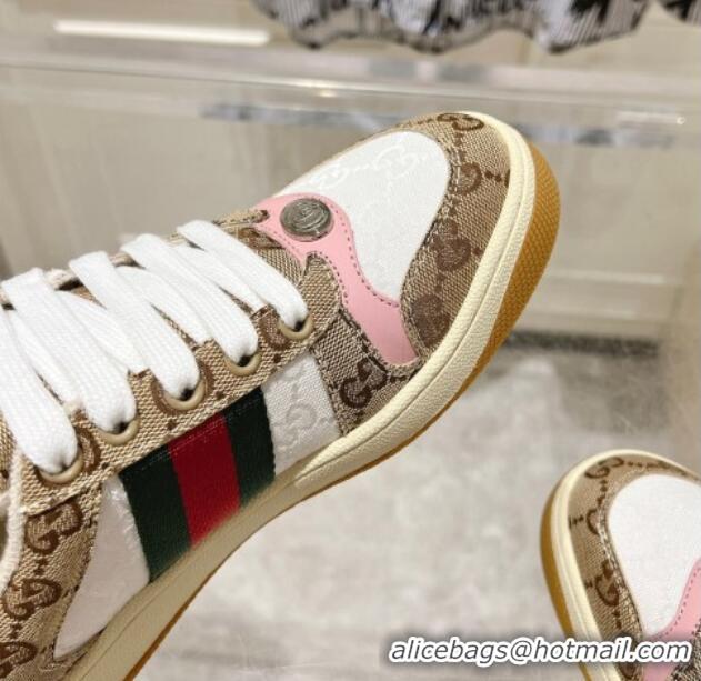 Good Quality Gucci Screener Trainer Sneakers in GG Canvas with Web Beige/White/Pink 1119116