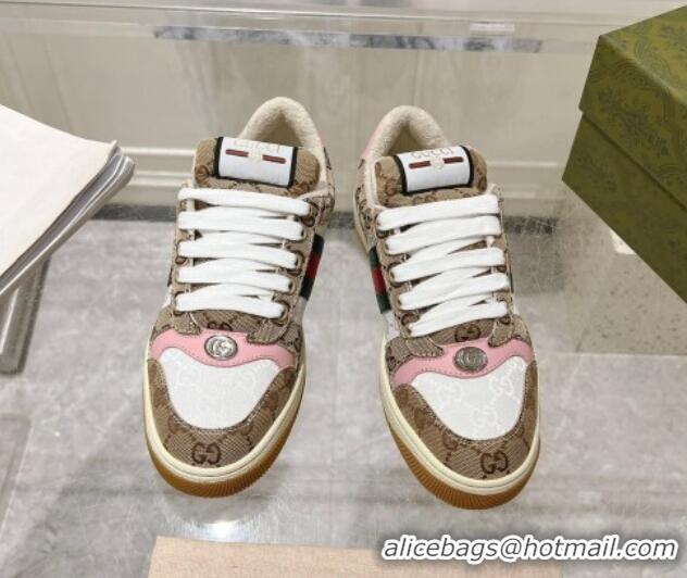 Good Quality Gucci Screener Trainer Sneakers in GG Canvas with Web Beige/White/Pink 1119116