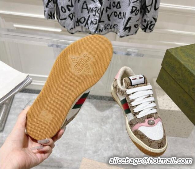 Good Quality Gucci Screener Trainer Sneakers in GG Canvas with Web Beige/White/Pink 1119116