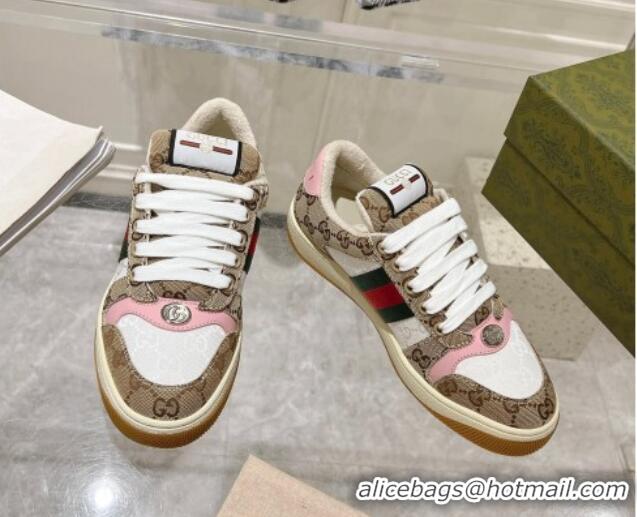 Good Quality Gucci Screener Trainer Sneakers in GG Canvas with Web Beige/White/Pink 1119116