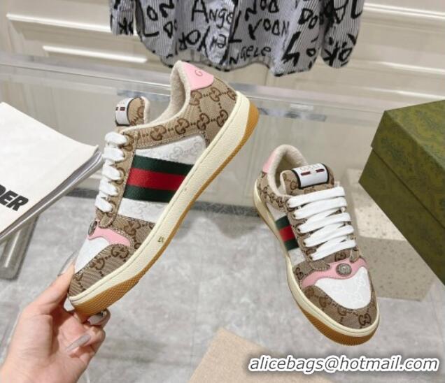 Good Quality Gucci Screener Trainer Sneakers in GG Canvas with Web Beige/White/Pink 1119116