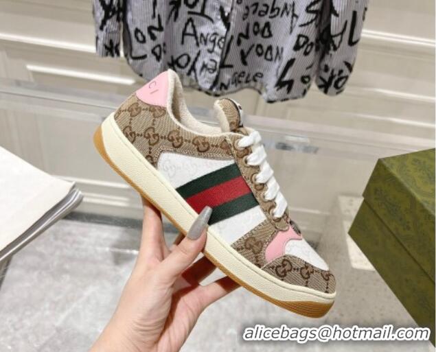 Good Quality Gucci Screener Trainer Sneakers in GG Canvas with Web Beige/White/Pink 1119116