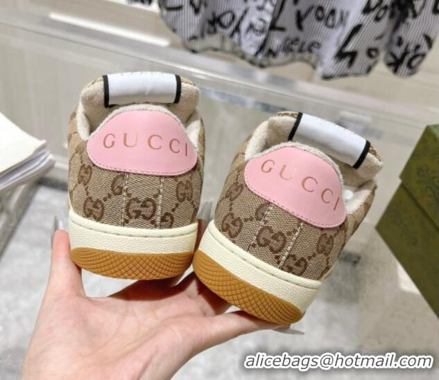 Good Quality Gucci Screener Trainer Sneakers in GG Canvas with Web Beige/White/Pink 1119116