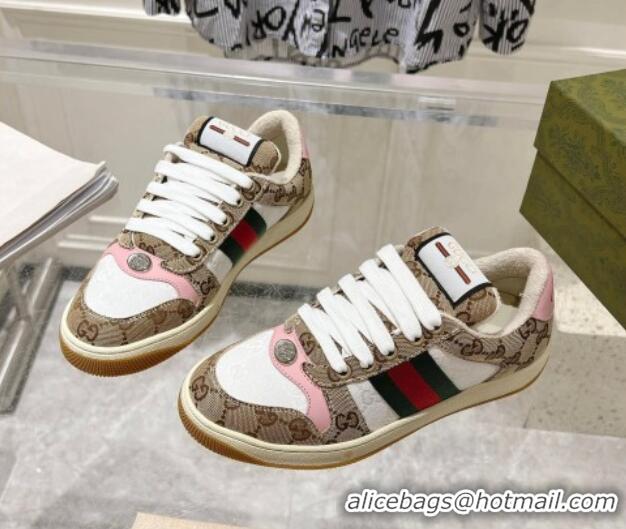 Good Quality Gucci Screener Trainer Sneakers in GG Canvas with Web Beige/White/Pink 1119116