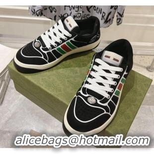 Good Looking Gucci Screener Trainer Sneakers in Black Suede with Leather Padded Web 119117