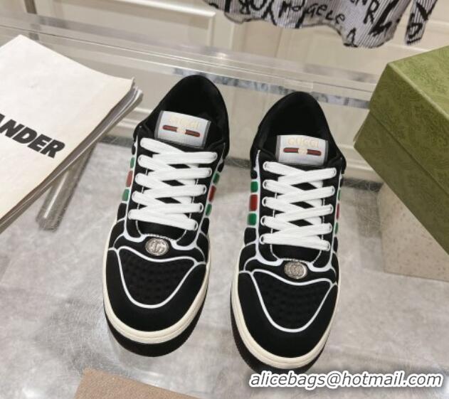 Good Looking Gucci Screener Trainer Sneakers in Black Suede with Leather Padded Web 119117